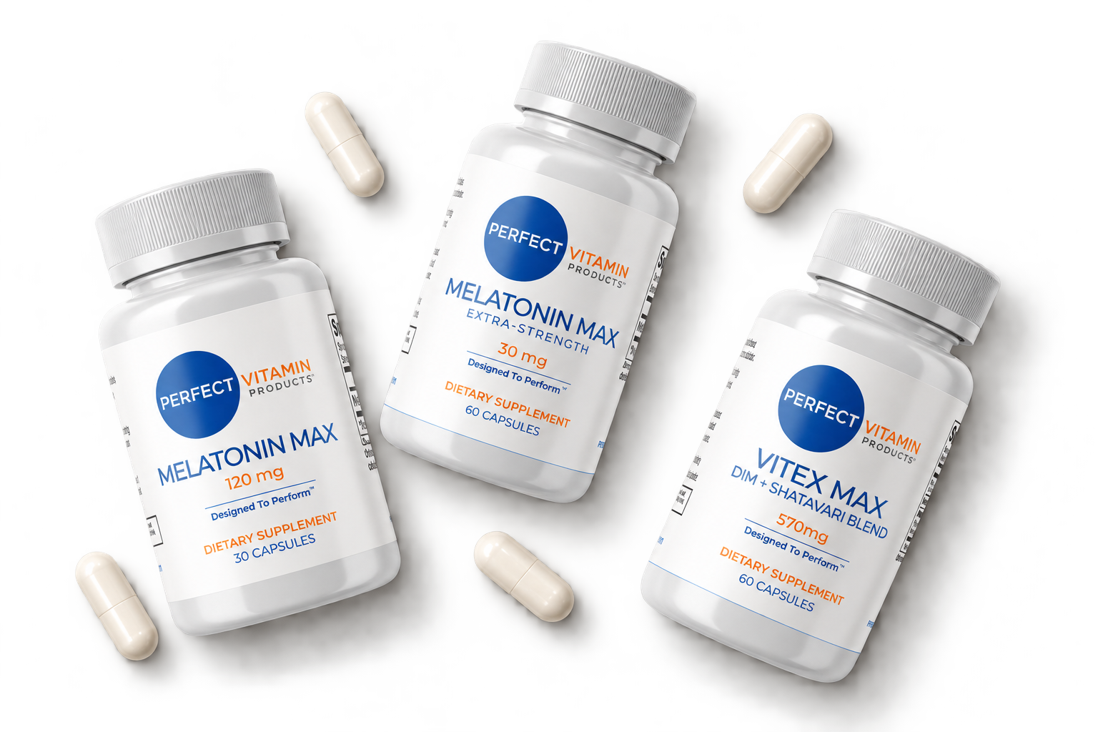 Melatonin Max and Vitex Max bottles made by Perfect Vitamin Products
